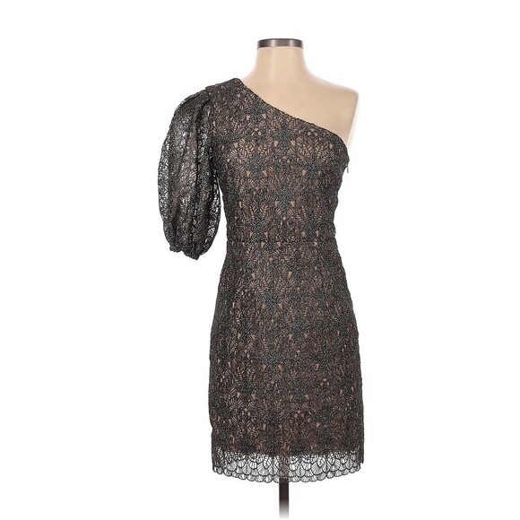 DRESS THE POPULATION size XS One Shoulder Cocktail Dress black shimmer & beige - Picture 1 of 7